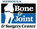 Logo for Missoula Bone & Joint & Surgery Center: white illustration of a knee and leg, blue and black background.