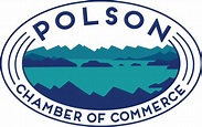 Polson Chamber of Commerce logo: Oval with turquoise water, dark blue mountains, and text: Polson Chamber of Commerce.