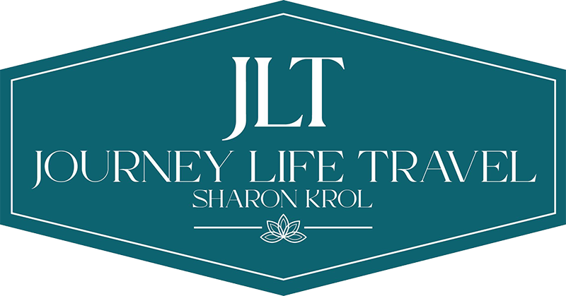 Teal logo for Journey Life Travel featuring the initials JLT, the full name, and the name Sharon Krol above a lotus icon.
