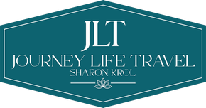 Teal logo for Journey Life Travel featuring the initials JLT, the full name, and the name Sharon Krol above a lotus icon.