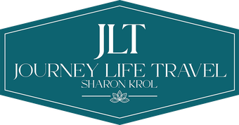 Teal logo for Journey Life Travel featuring the initials JLT, the full name, and the name Sharon Krol above a lotus icon.