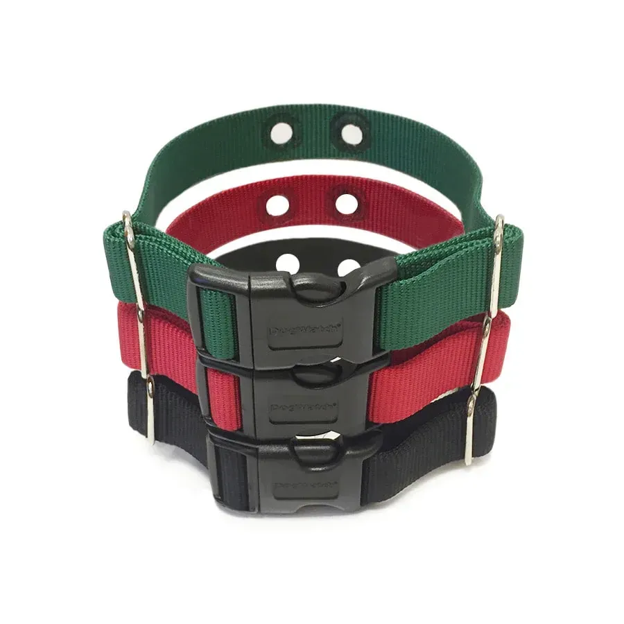 Three different colored collars are stacked on top of each other