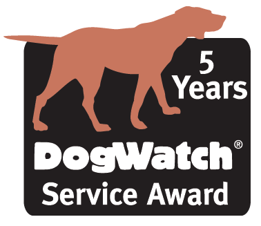 The dogwatch service award logo has a brown dog on it