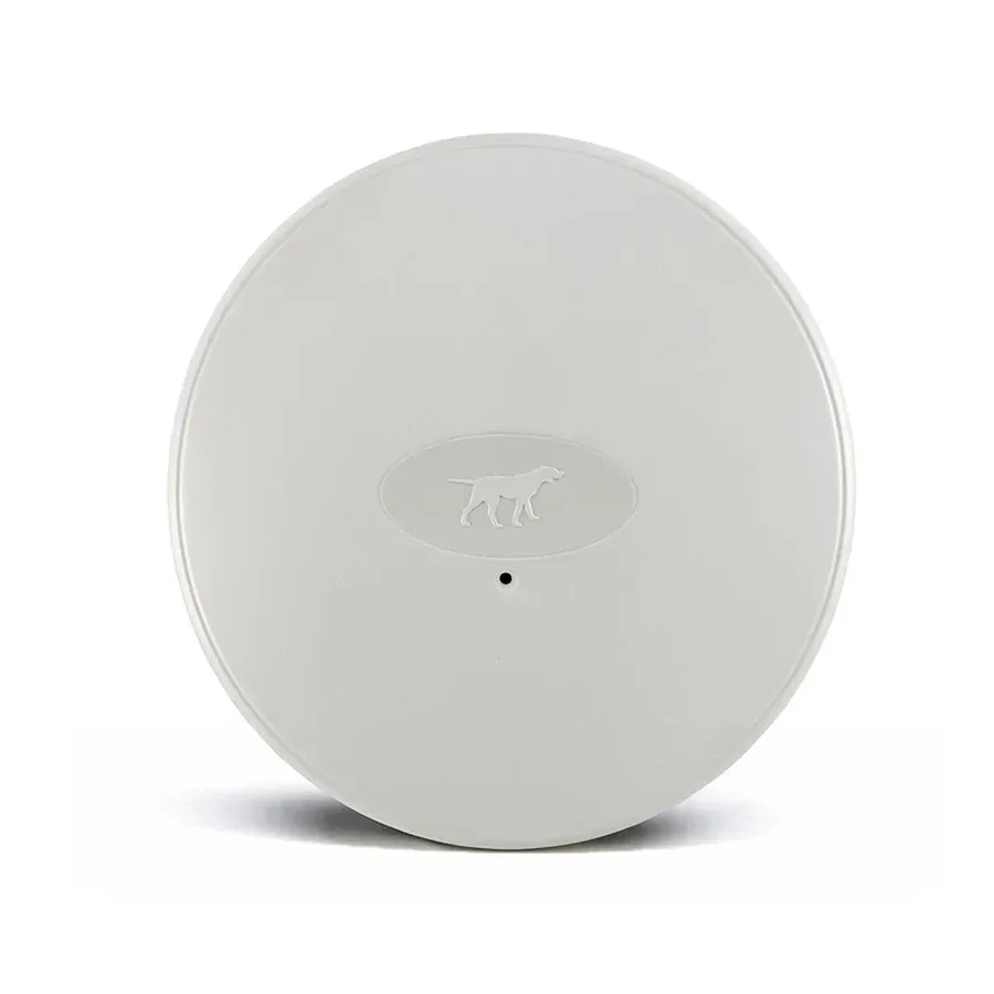 A white circle with a dog on it on a white background.