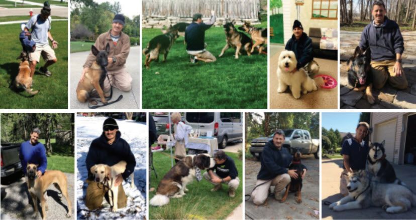 A collage of pictures of people and their dogs