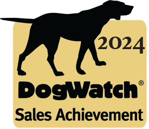 A dogwatch sales achievement sticker with a silhouette of a dog