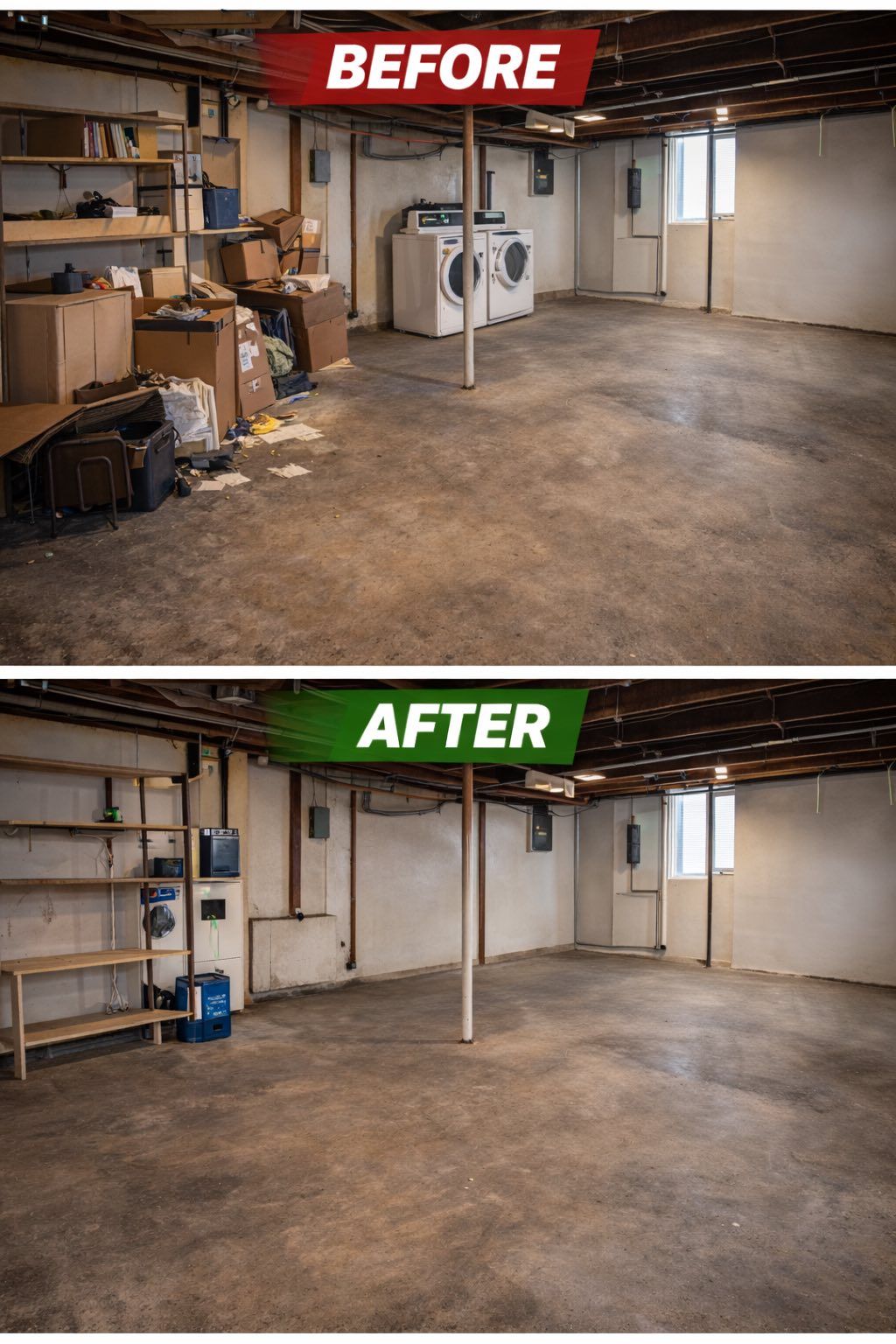 Before-and-after basement cleanup, showing cluttered space changed to empty concrete room.