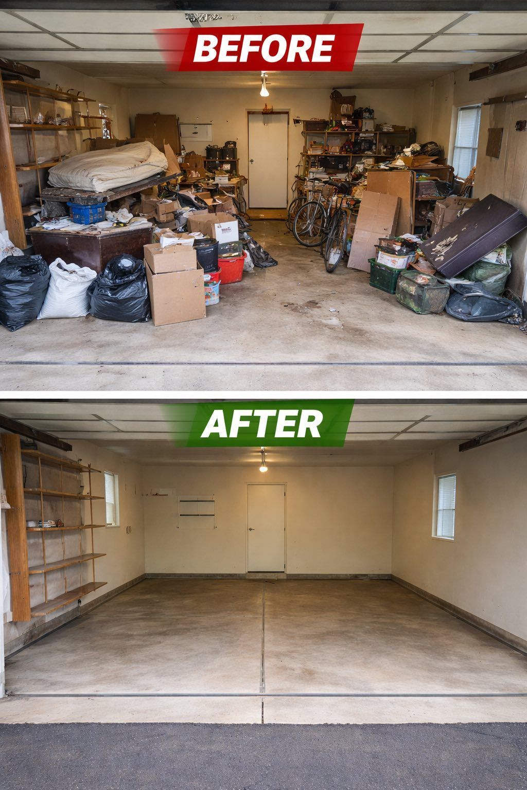 Before-and-after garage cleanup: cluttered storage garage compared with an empty, cleaned-out garage.