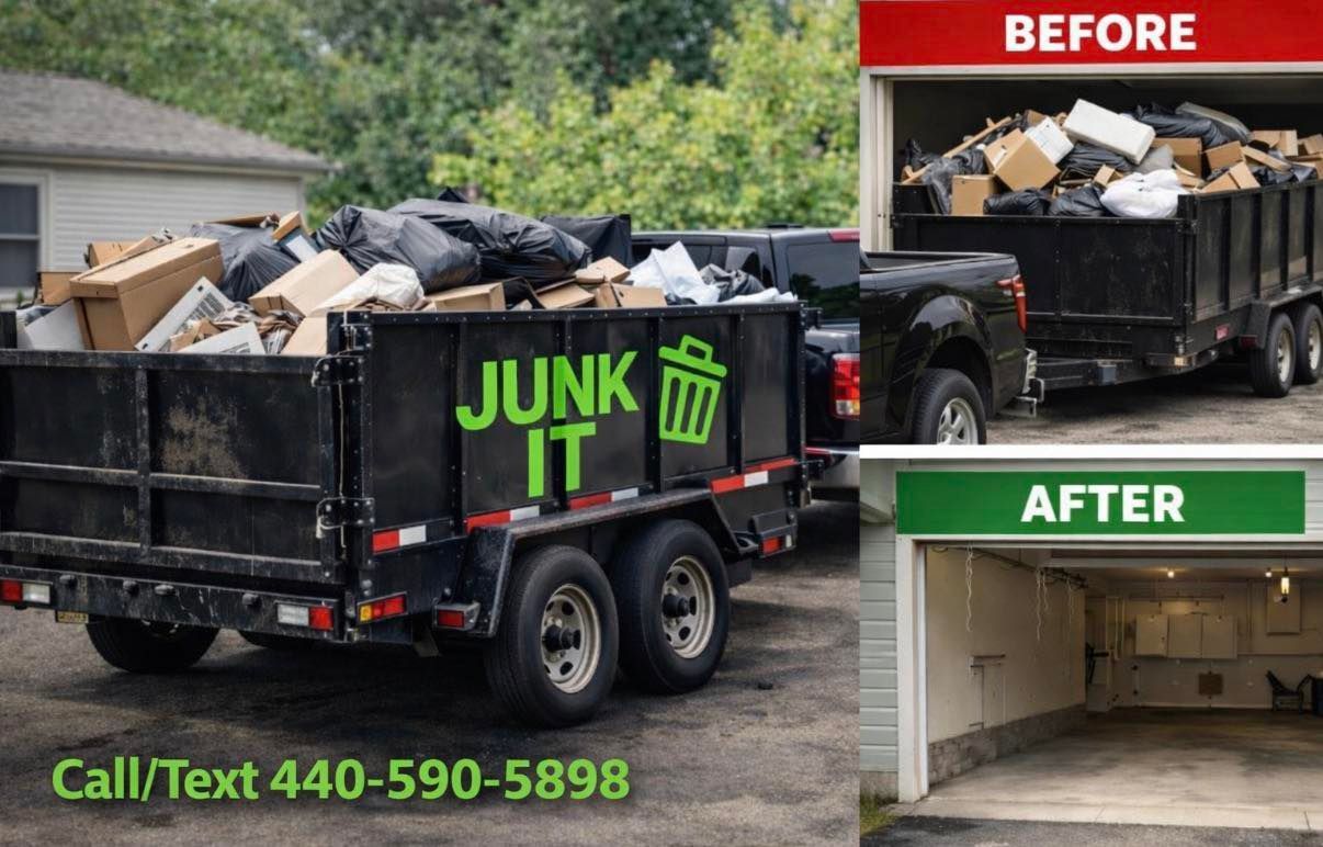 Junk removal truck filled with debris, with before-and-after cleanup photos and phone number.
