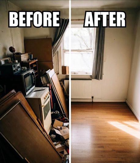 Before-and-after of a cluttered room transformed into an empty, sunlit space with wooden floors.
