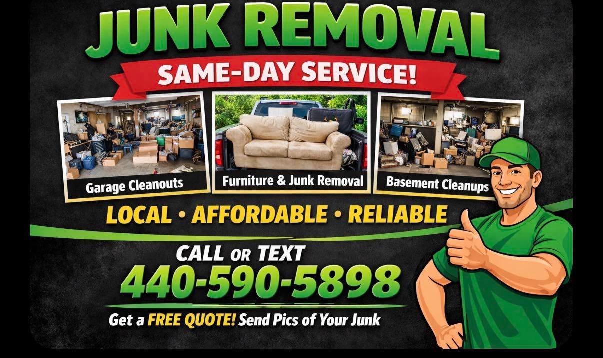 Junk removal ad with same-day service, phone number 440-590-5898, and smiling worker holding a thumbs-up
