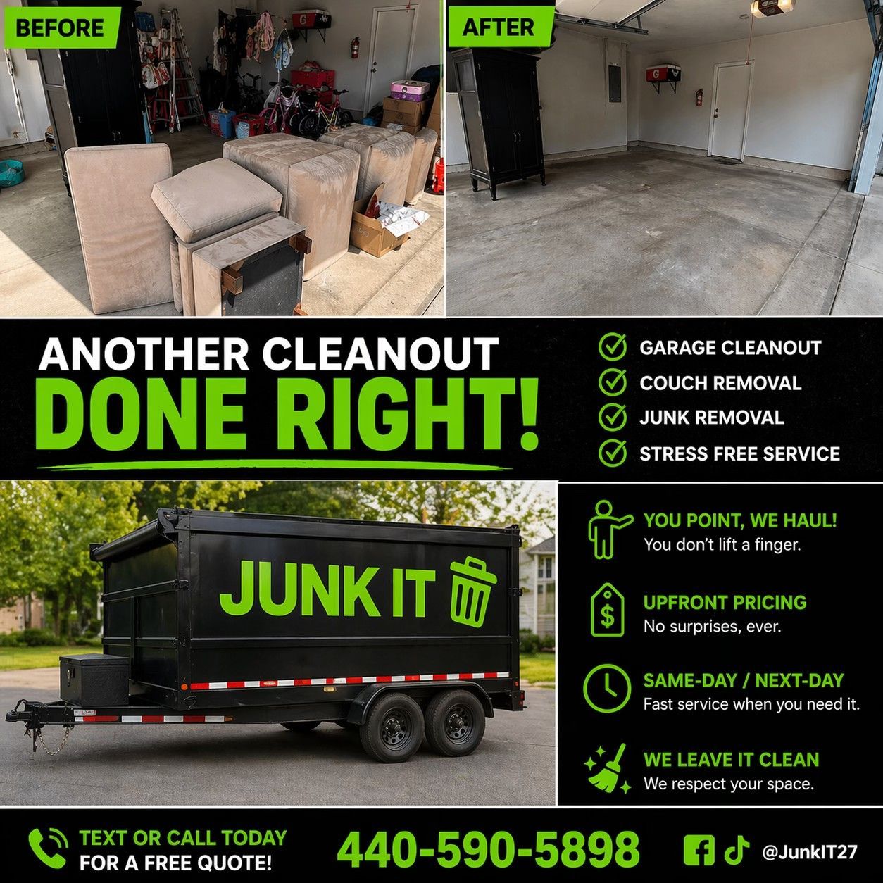 Junk removal ad showing cluttered garage before-and-after, black junk truck, and green/white service details.