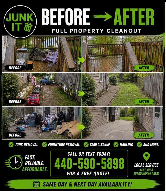 Before-and-after junk removal ad showing a cluttered yard transformed into a clean, empty space.