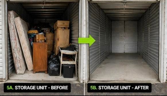 Storage unit before and after: cluttered unit on left, empty clean unit on right, green arrow between them