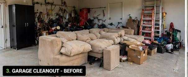 Garage cluttered with furniture, boxes, tools, and household items during cleanup.