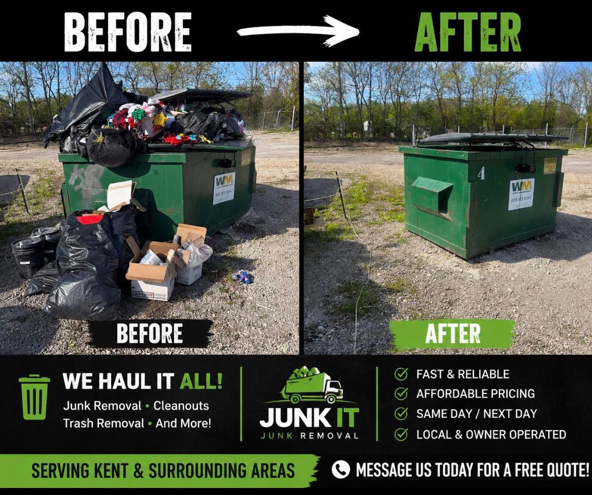 Before-and-after of a green dumpster cleaned from overflowing trash to empty.