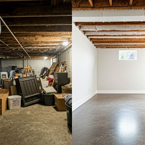 Basement renovation before-and-after: cluttered unfinished space beside a clean white room with gray floor.