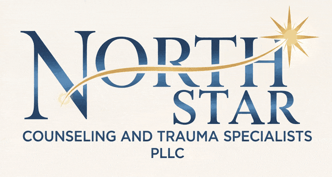 Logo for North Star Counseling and Trauma Specialists PLLC featuring blue serif text with a golden star and swoosh.