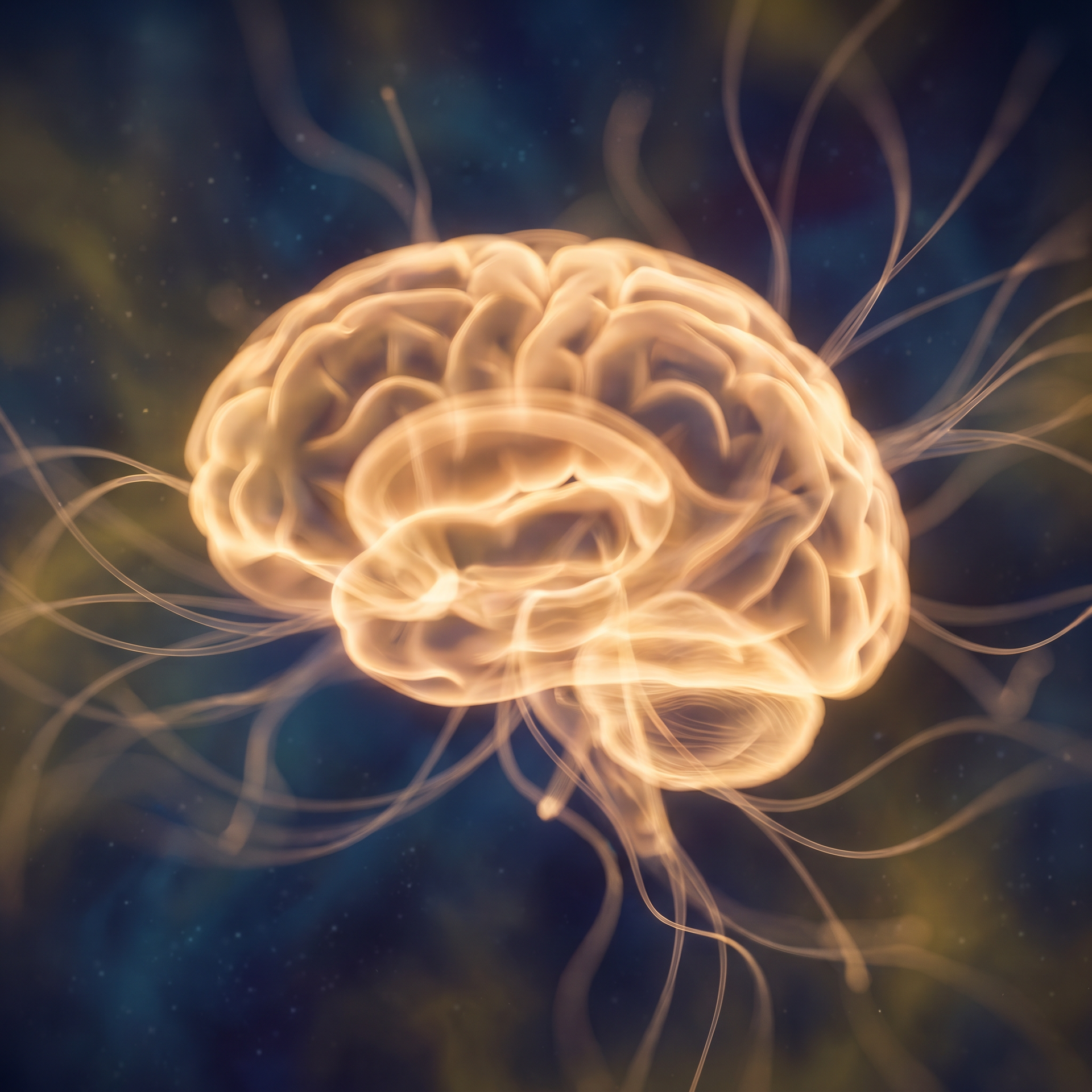 A glowing brain with neural pathways representing trauma healing and neuroplasticity against a warm,