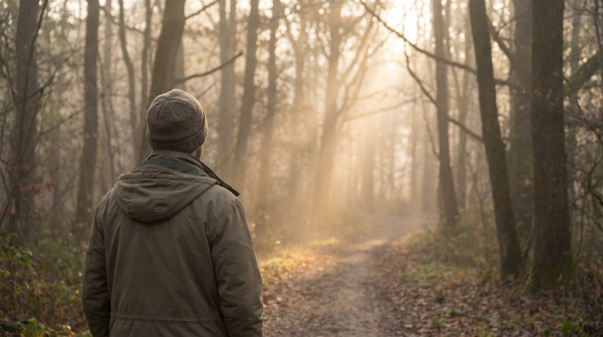 A person facing a golden, misty forest path at dawn, symbolizing hope and the first step towards he