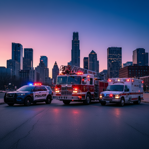 A police SUV, fire engine, and ambulance parked in a line against a city skyline at sunset.