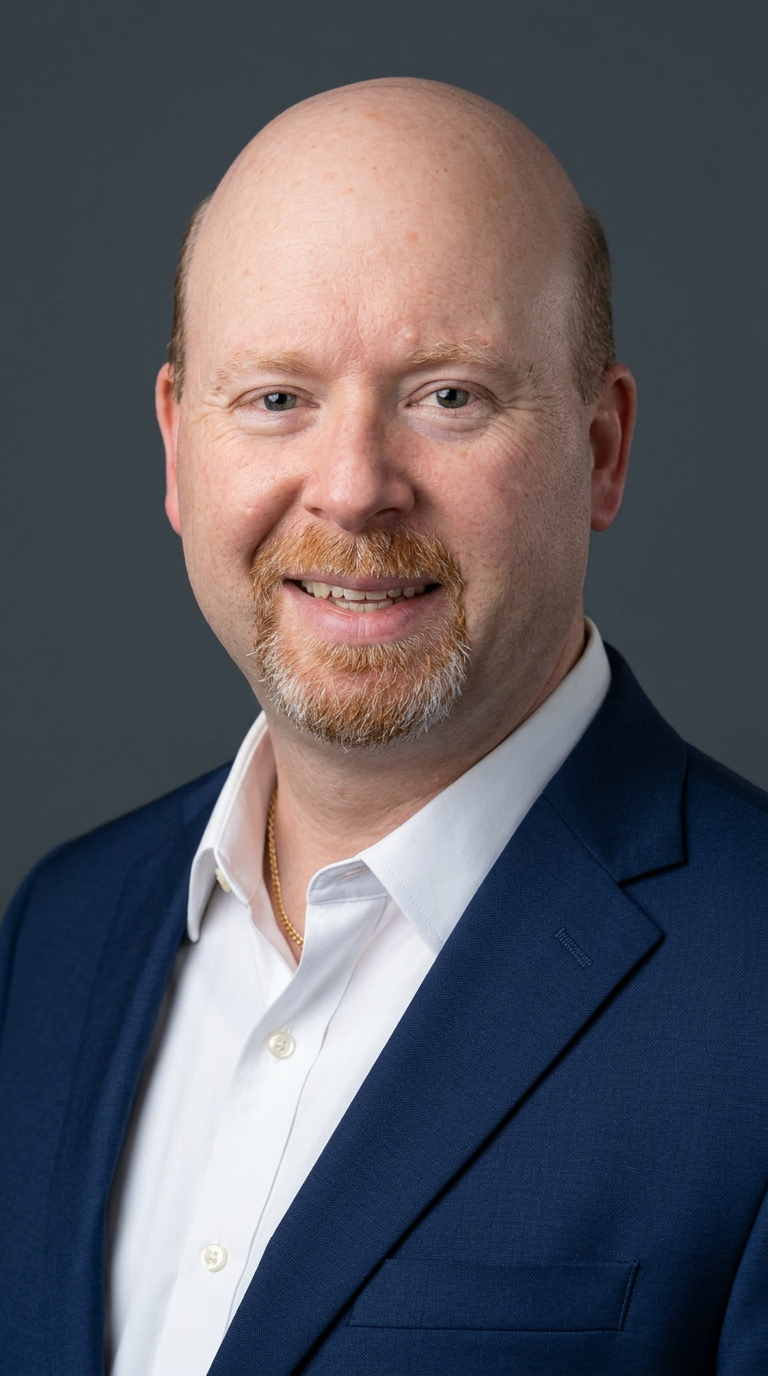 A smiling person with a light beard wearing a white collared shirt and blue blazer against a gray background.