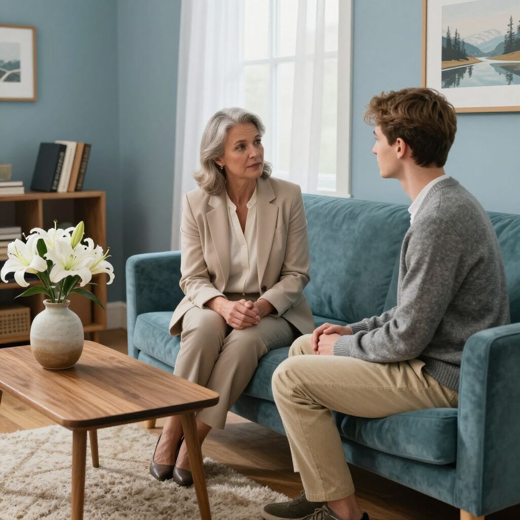 A person in a blazer and a young person in a sweater sit on a blue sofa, engaged in conversation in a home office.