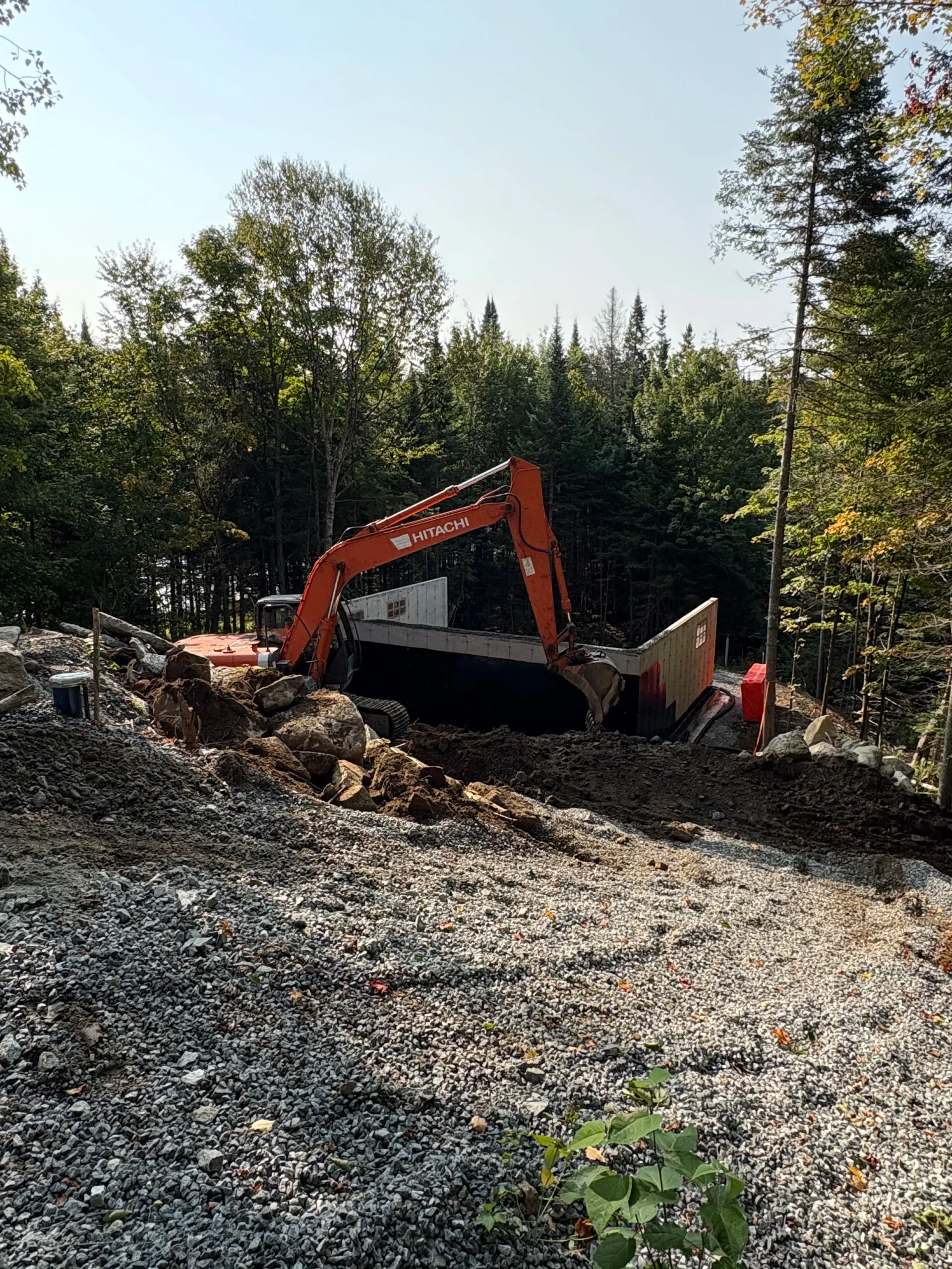 Orange excavator digging in a gravel clearing surrounded by trees and rocks