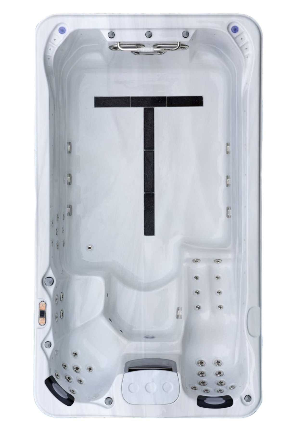Top-down view of a white hot tub or spa with a large black T-shaped feature inside
