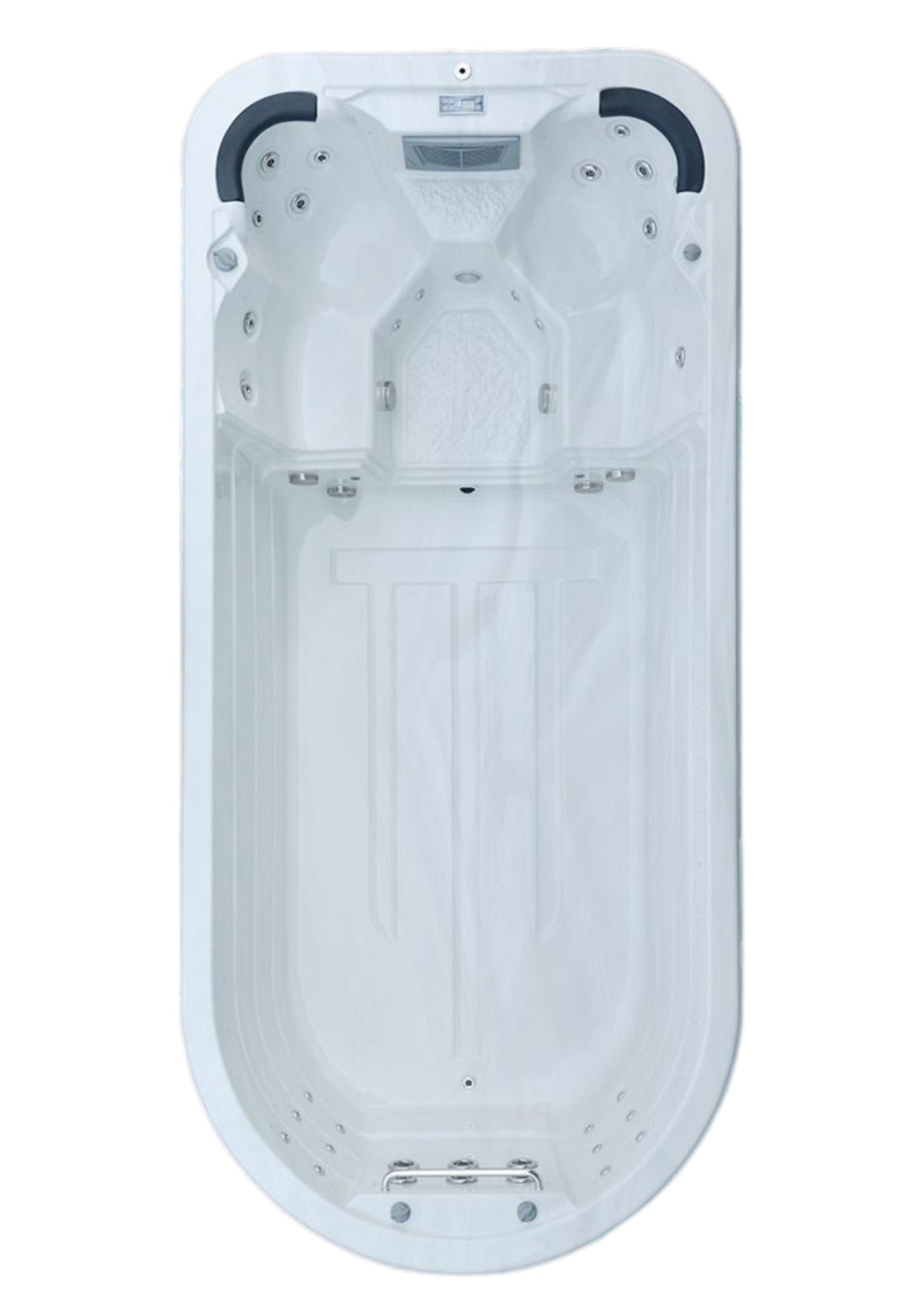 White oval bathtub interior with built-in headrests and molded seating, viewed from above