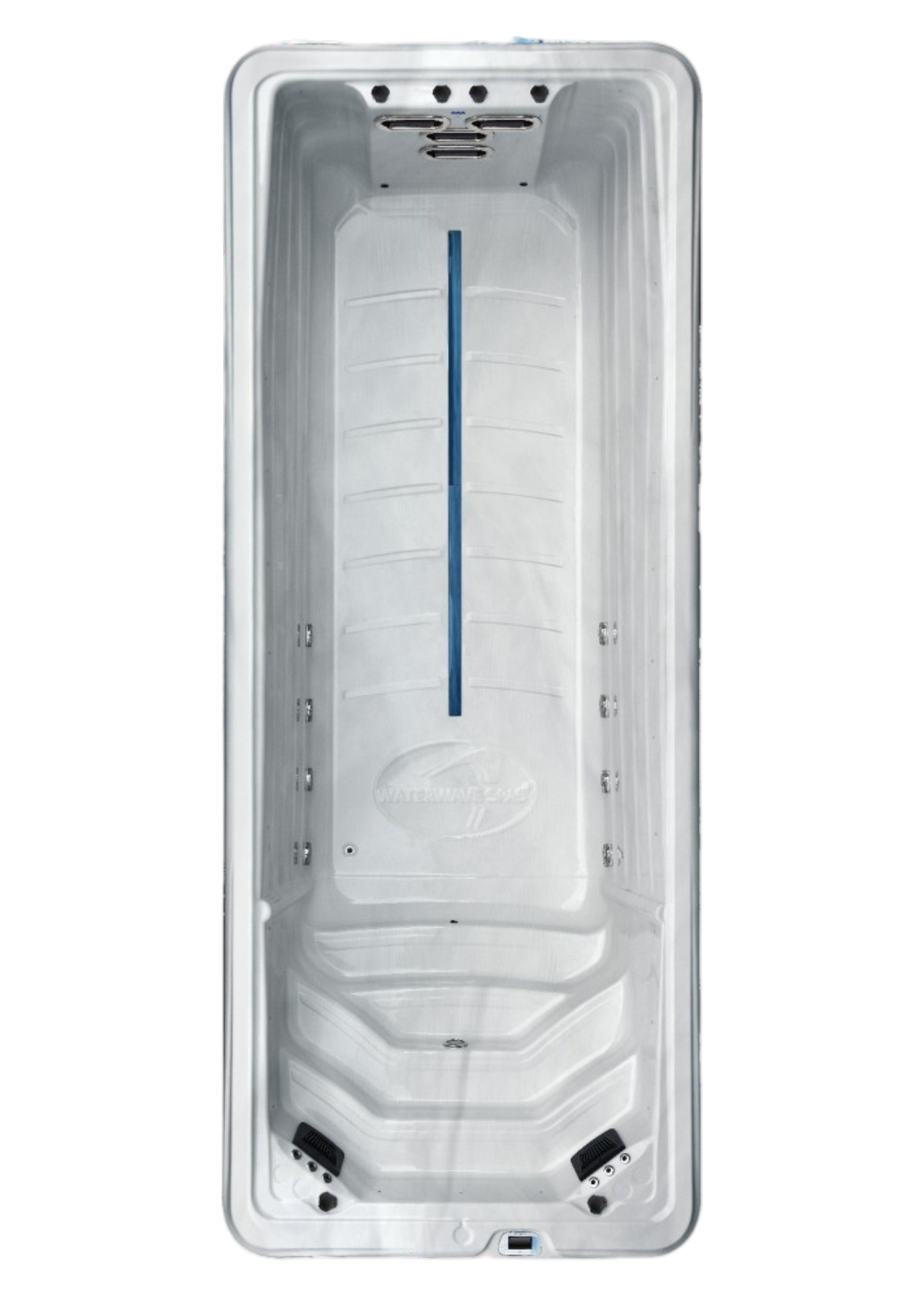 Empty white bathtub with a blue vertical strip down the center and chrome fixtures at the top