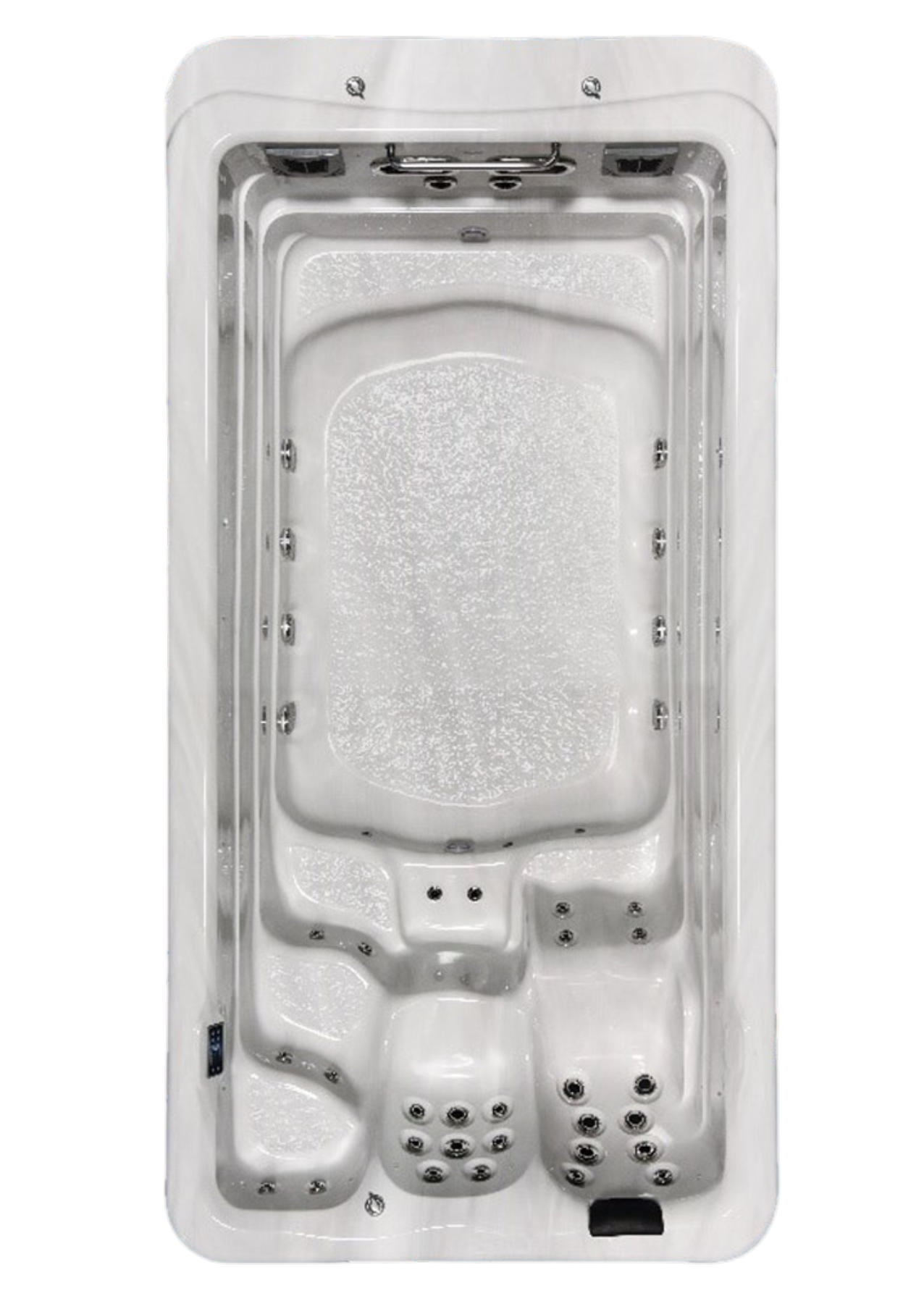 White rectangular bathtub with built-in jets and chrome fixtures, viewed from above