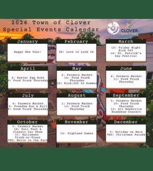 2026 Town of Clover Special Events Calendar with monthly event listings on a wooden fence background