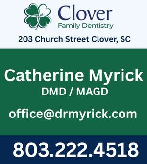 Clover Family Dentistry card for Catherine Myrick with address, email, and phone number on green and blue background
