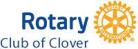 Rotary Club of Clover logo with blue text and orange gear emblem
