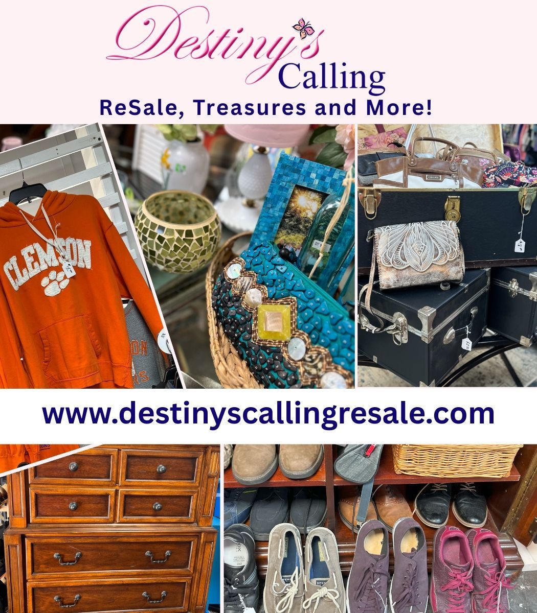 Destiny’s Calling resale ad with jewelry, shoes, purses, furniture, and website URL