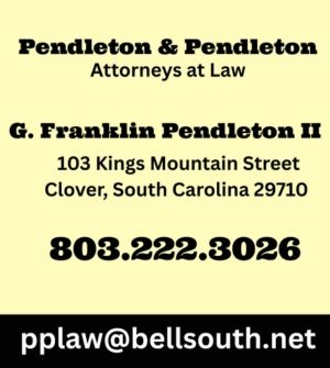 Pendleton & Pendleton law firm card with attorney G. Franklin Pendleton II, address, phone, and email on yellow background