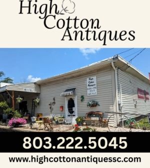 High Cotton Antiques storefront with flowers, logo, phone number, and website displayed