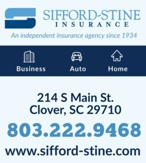 Sifford-Stine Insurance ad with logo, business/auto/home icons, address, phone number, and website on blue background