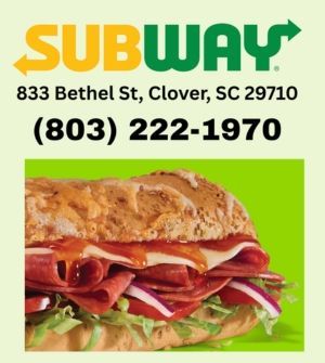 Subway ad with address, phone number, and a sandwich on a green background
