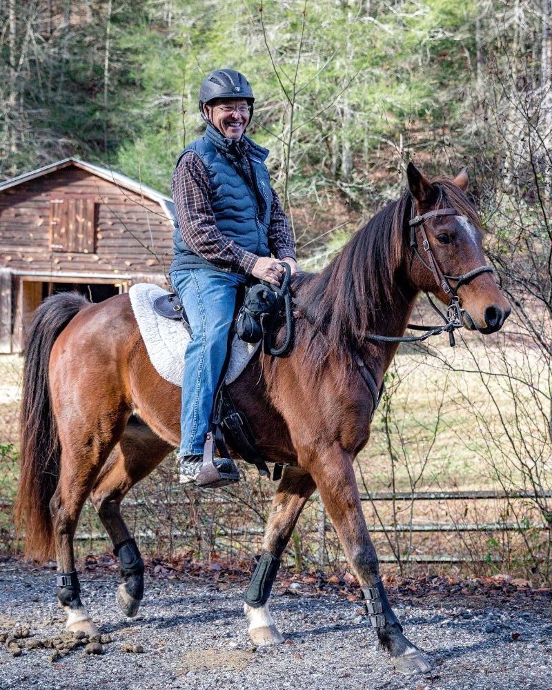 Person on a brown horse in a wooded yard, with a rustic cabin in the background.