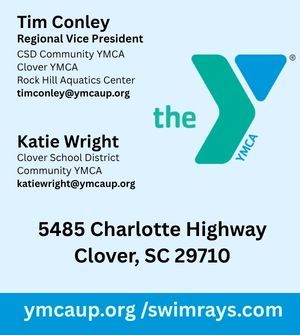 YMCA contact card with names Tim Conley and Katie Wright, logo, Clover SC address, and ymca.up.org/swimrays.com