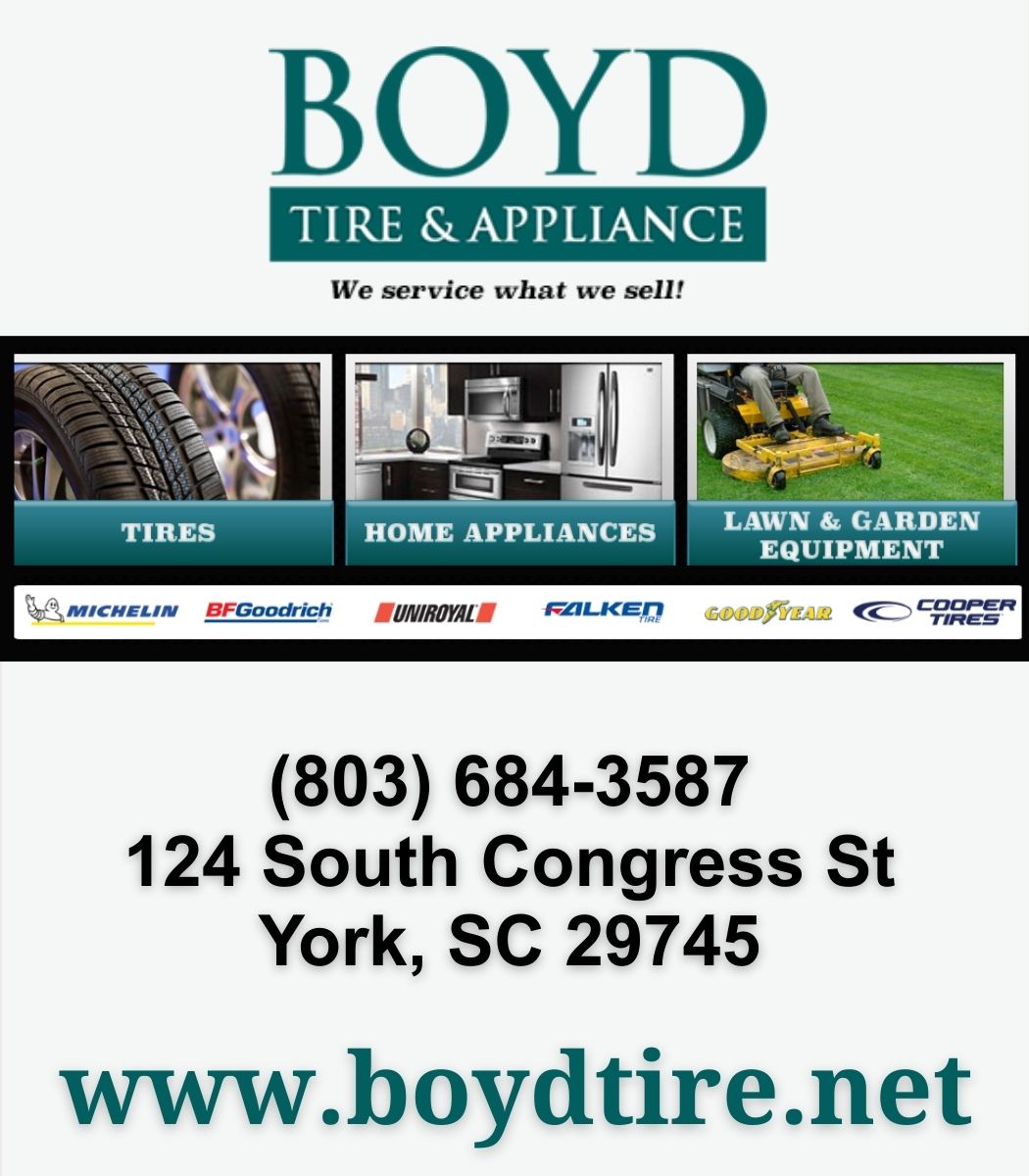Boyd Tire & Appliance ad with tires, home appliances, lawn equipment, phone number, address, and website