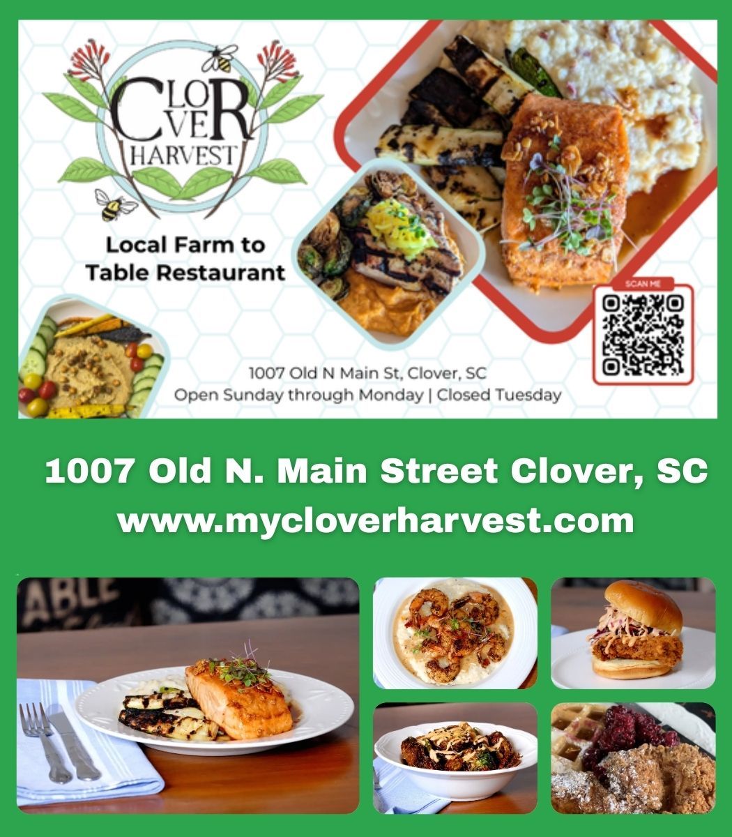 Clover Harvest restaurant flyer with logo, address, website, QR code, and plated food photos.