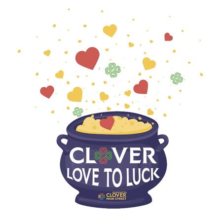 Purple pot with “CLOVER LOVE TO LUCK,” hearts and clovers floating above it