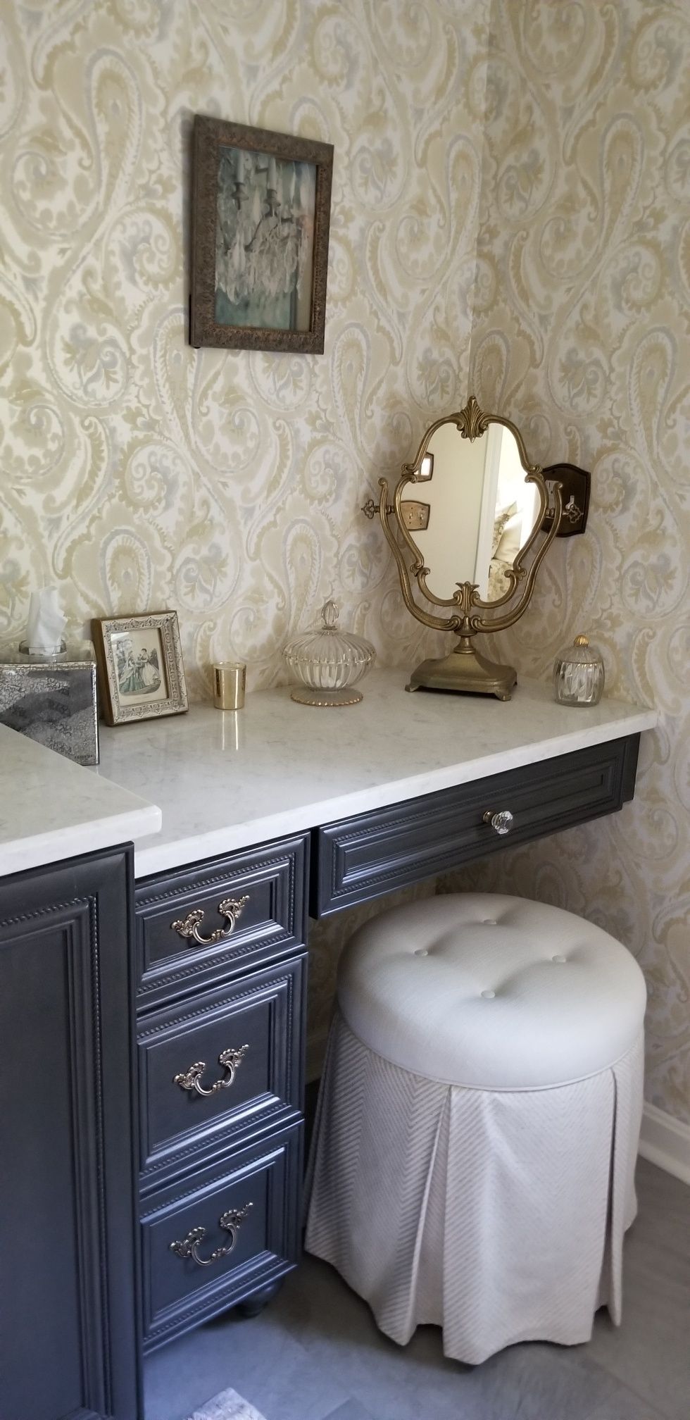 Master Bathroom interior design - dark drawers, light countertop