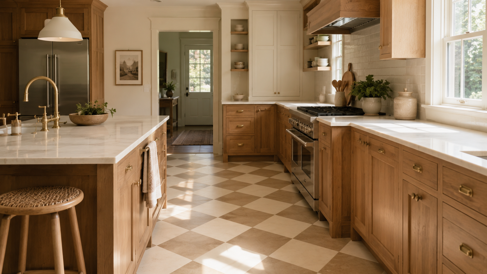 Kitchen featuring cream checkerboard flooring, wood cabinets, warm lighting, and modern interior design trends popular in Massachusetts homes.