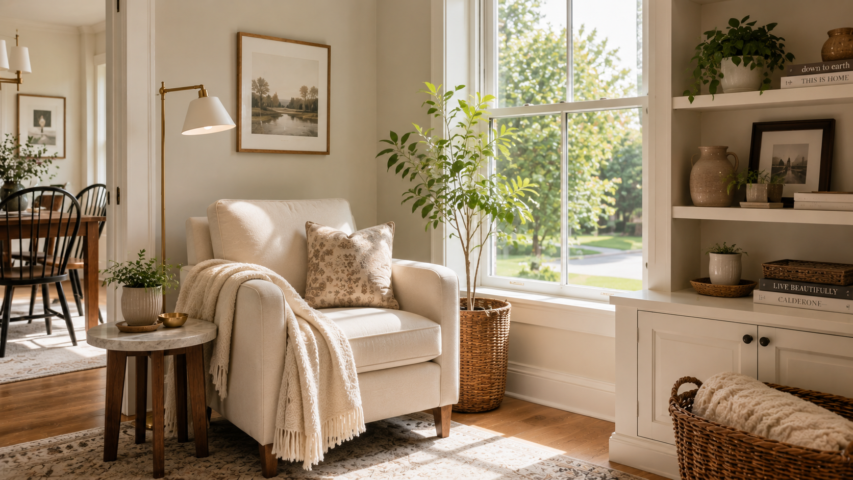 Cozy reading corner with warm lighting, natural wood furniture, soft textures, and indoor plants in a modern Massachusetts home.