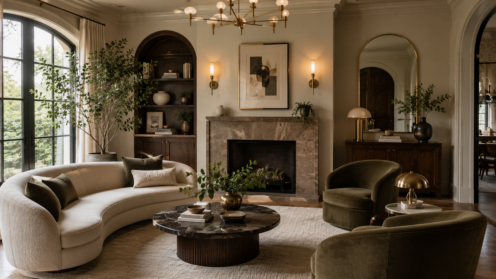 Neo deco inspired living room with curved furniture, brass accents, stone textures, wood details, and indoor plants in a modern home.
