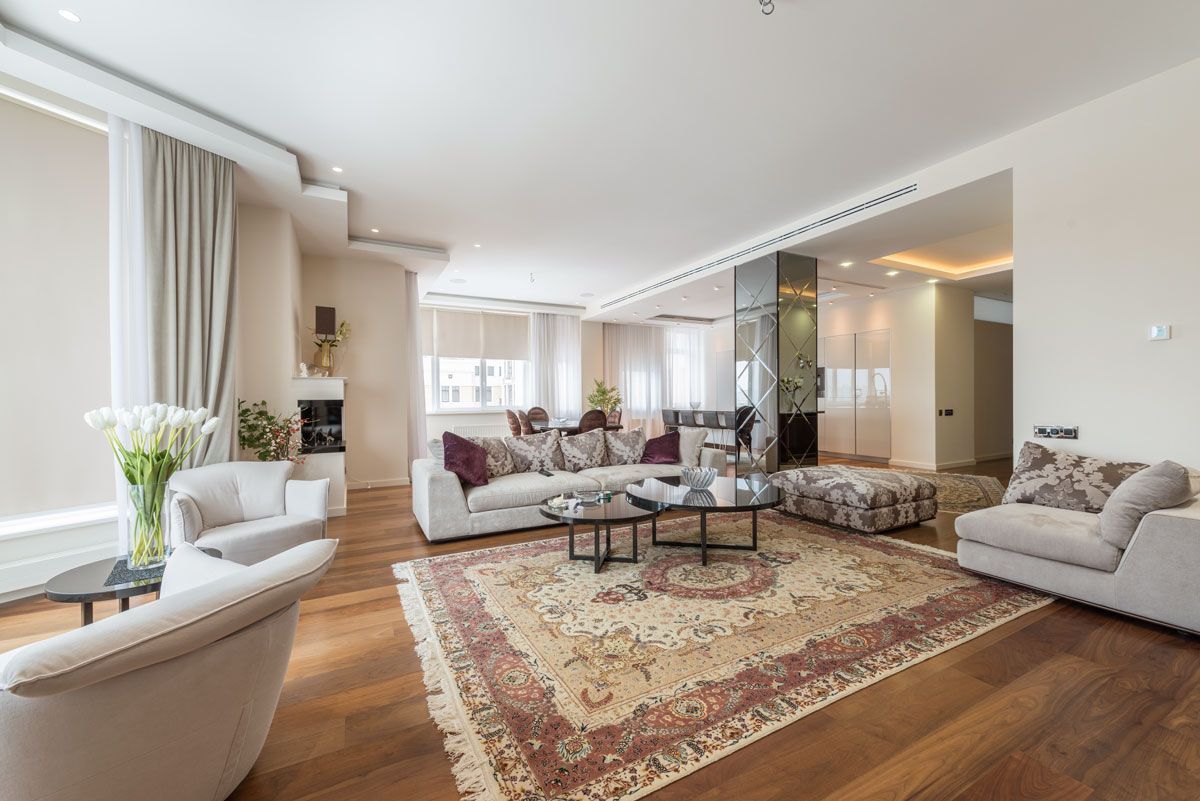 a living room filled with furniture and a rug .